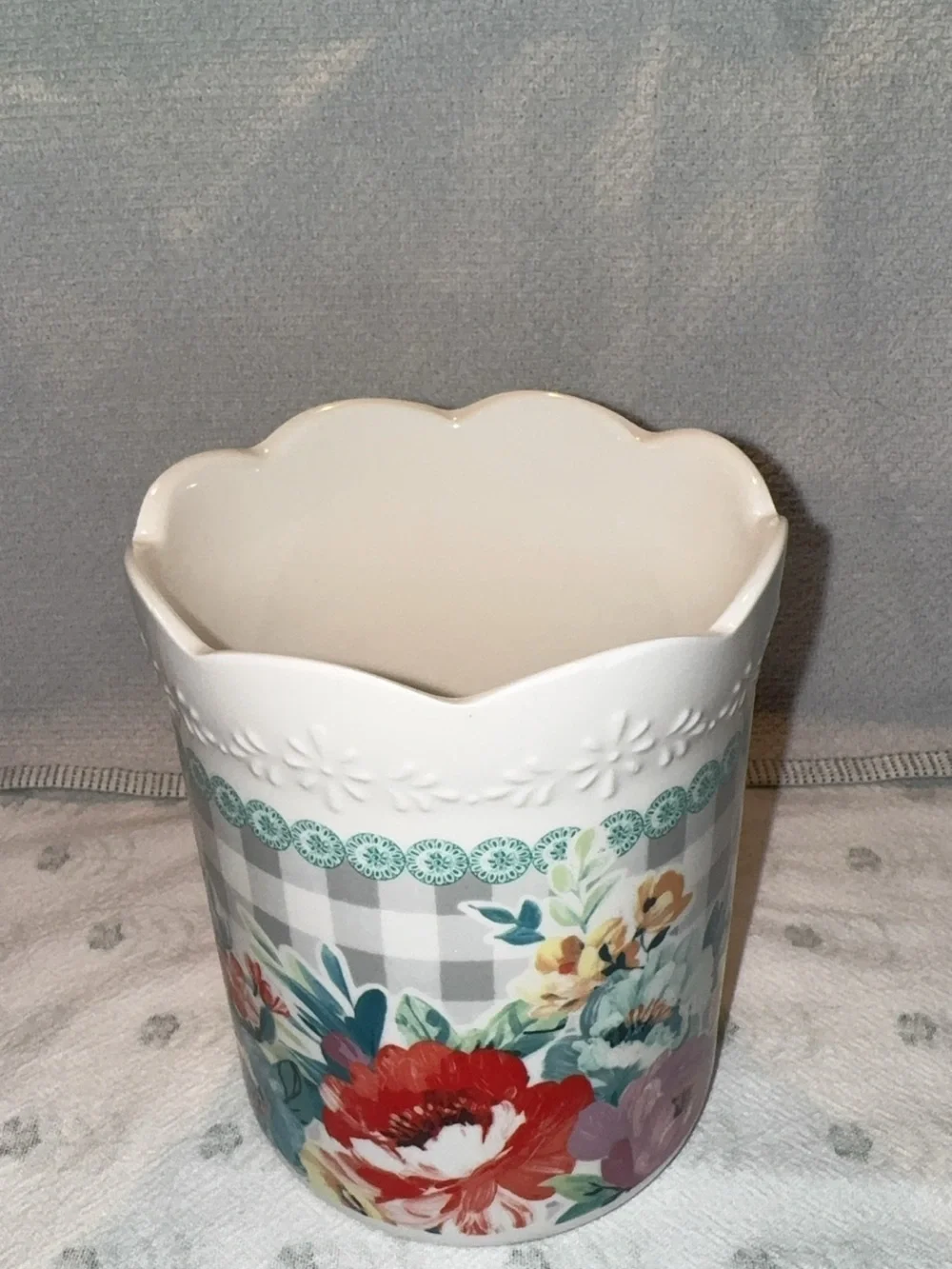 Floral Ceramic Utensil Holder - White with Multicolor Floral Pattern